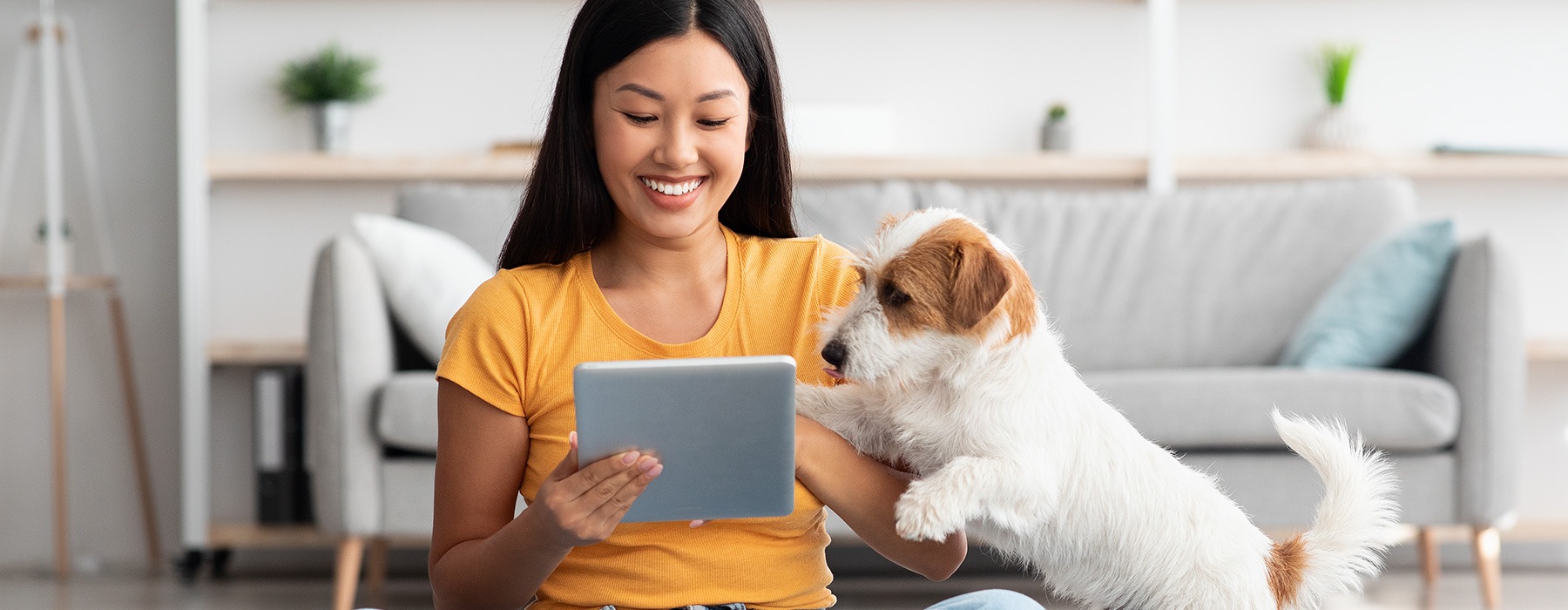 lifestyle image of a woman with a pet in a bright living room
